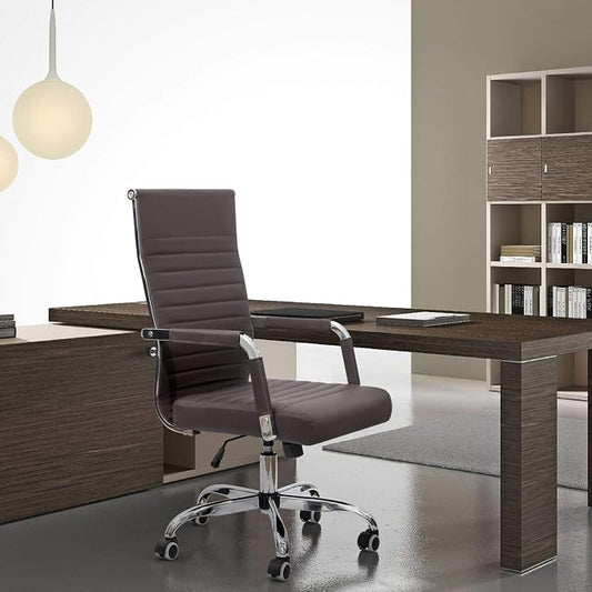 KaiMeng Ribbed Office Desk Mid Back Computer Chair Height Adjustable Conference Executive Task Swivel PU Leather (Brown)