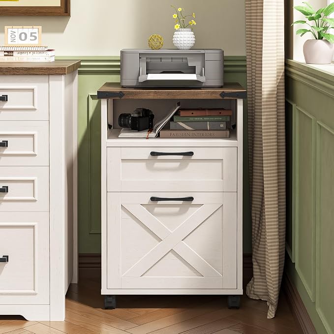 Farmhouse Filing Cabinet with Open Storage Space & Wheels, Office Filing Vertical Cabinet with 2 Drawers, Printer Stand for Hanging Files Letter/A4, Under Desk Storage Cabinets for Home Office. White