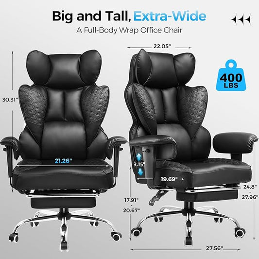 COMHOMA Big and Tall Office Chair Heavy Duty Wide Ergonomic Gaming Chair with Deluxe Embossing Leather with Foot Rest 150°Reclining Adjustable Armrests Pocket Spring Back Support and Without Pillow