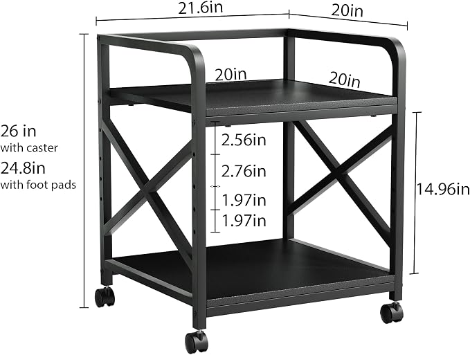 2 Tier Printer Stand with Storage Shelf, Printer Table with Height Adjustable Top Shelf, Under Desk Storage Printer Cart for Paper Shredder Scanner, 3D Printer Stand for Home Office(Black)