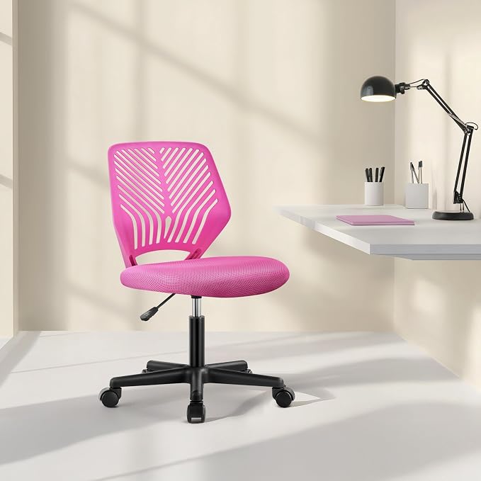 Topeakmart Armless Mesh Office Chair, Ergonomic Desk Chair with Adjustable Height & Support Lumbar, Adjustable Swivel Task Chair Rose Red