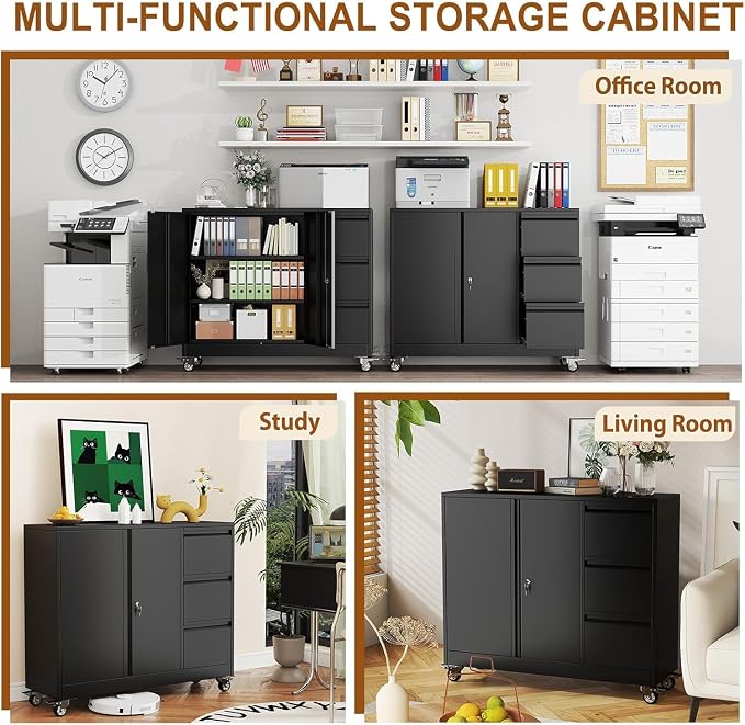 47" Rolling File Storage Locker Cabinet with 3-Drawer,Office Storage Cabinet with Adjustable Shelf & Universal Wheels, Mobile Printer Stand for Home Office, Living Dining Room,Black