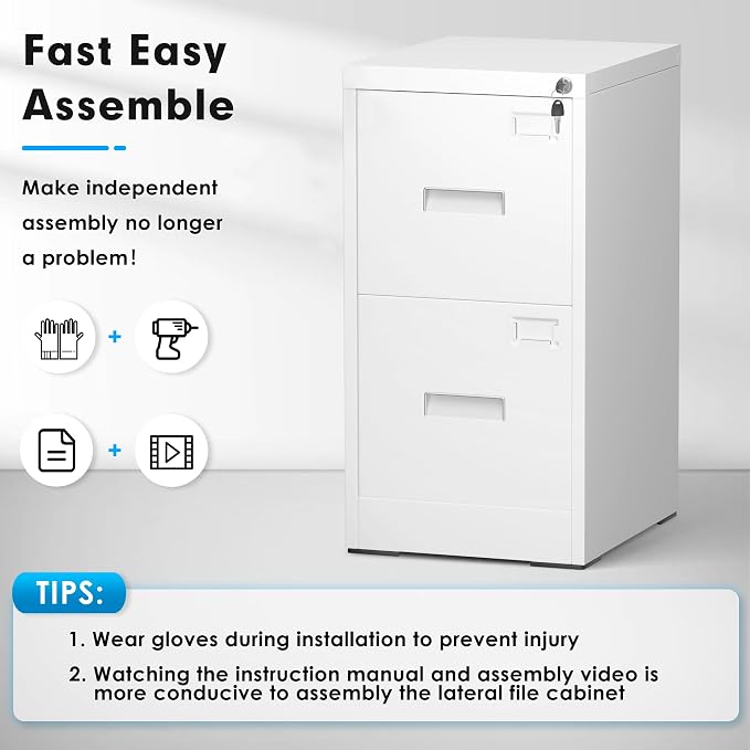 Pataku 2 Drawer File Cabinet with Lock, Sturdy Metal Vertical Filing Cabinets for Home Office, Under Desk Paperwork Storage Fully Extendable Slides Letter Legal A4 Size 18x15x28 Inches, White