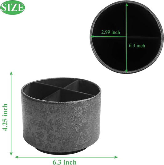 lizimandu Round Leather Art Supply Organizer,Remote Control Holder,360 Degree Spinning,Multi-Functional Pencil Holder,4 Compartments Desktop Stationary Organizer(1-Liuli Black)
