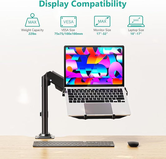 WALI Laptop Desk Mount for 15.6 inch Notebook, Fully Adjustable Single Monitor Arm with Laptop Holder for 32 inch Screen, Laptops Stand with Ventilated Tray, Up to 22 Lbs, (GSDM00LP), Black