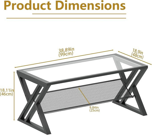 Wolawu Glass Coffee Table Living Room Table with Storage Shelf, Black Glass Table Simple Modern Rectangular Tables with Sturdy Black Metal Frame,Industrial Glass Coffee Table for Bedroom Home Office
