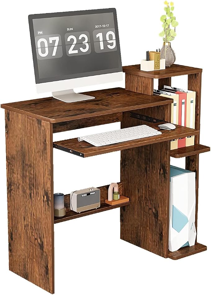 35" Compact Computer Desk with 3-Tier Storage Shelves & Keyboard Tray – Small Study Table for Bedroom or Home Office (Brown)