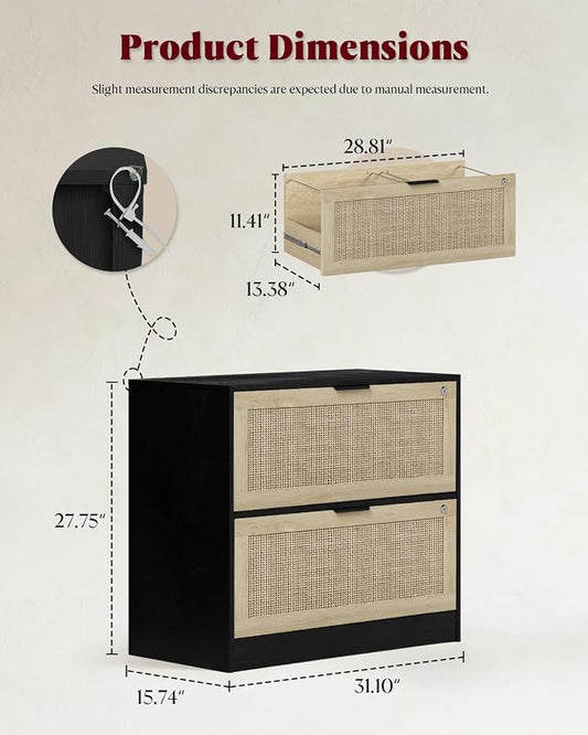 HOPUBUY 2 Drawer File Cabinet with Lock, Printer Stand Lateral Filing Cabinets for Home Office and School, Wood Rattan File Cabinet for Hanging Files/Letter/Legal/A4/F4 Size, Black