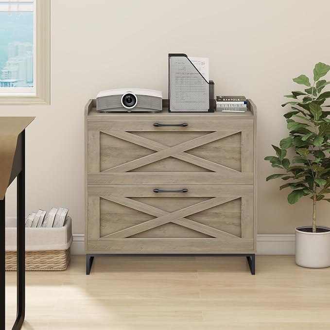 Halitaa File Cabinet 2 Drawers, Lateral File Cabinet with Charging Station for Letter/Legal/A4 Size Hanging Files, Large Wood File Storage Cabinets Printer Stand for Home Office, Washed Gray