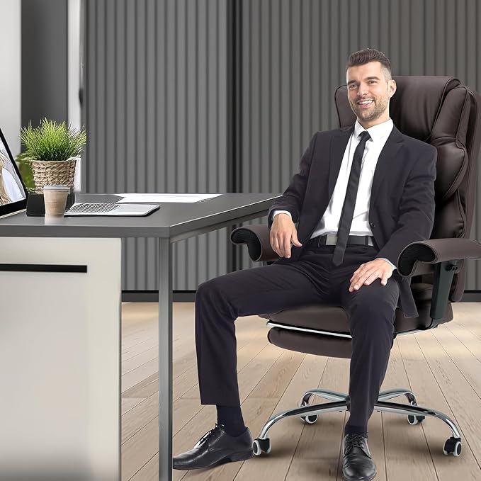HOMREST 6-Point Massage Executive Chair,Heat Office Chair,Ergonomic Home Office Desk Chairs with Retractable Footrest and Reclining Function,Leather Computer Chair with Adjustable Armrest(โBrown)