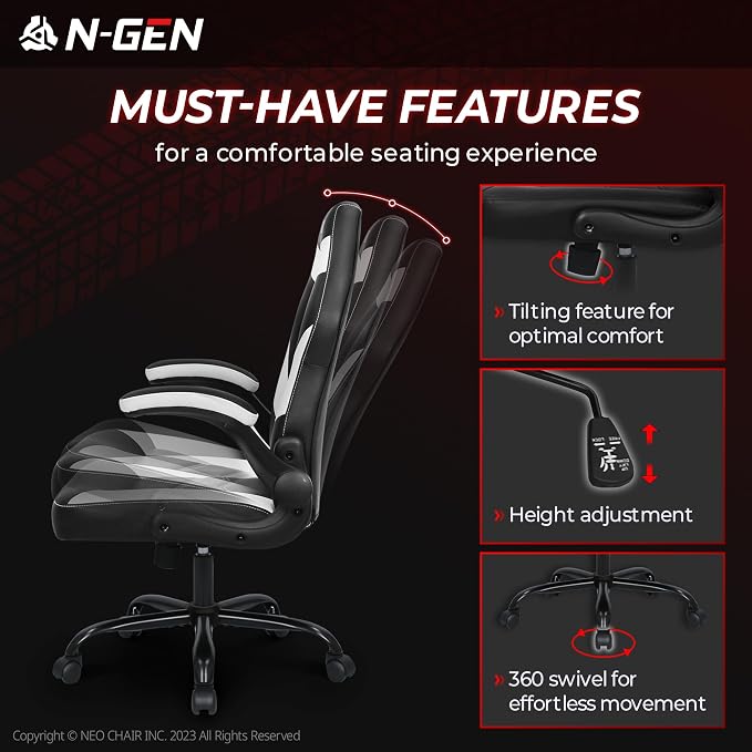 N-GEN Video Gaming Chair Ergonomic Computer Desk Office Chair with Lumbar Support Adjustable Height Swivel Wheels Flip-Up Arms PU Leather Home and Office (White)