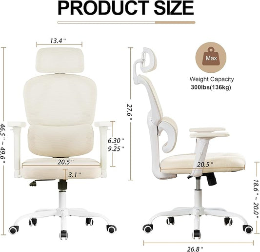 Ergonomic Office Chair,Home Mesh Office Desk Chairs,High Back Office Chair 330 LBS,Swivel Computer Chair with 2D Armrest,Adjustable Headrest,Lumbar Support,Rocking Function (Beige)