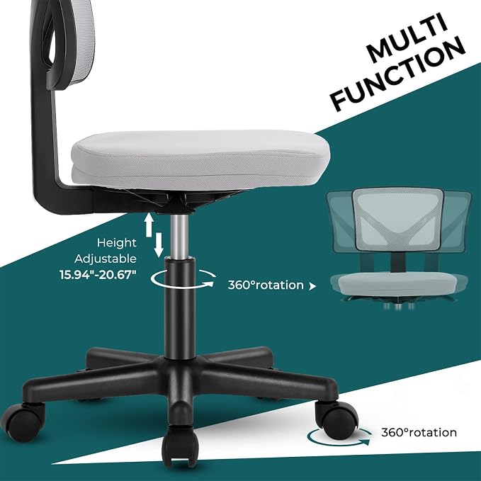 DUMOS Armless Desk Chairs Set of 2, Ergonomic Adjustable Home Office Swivel Rolling Task Chair No Arms, Comfy Mesh Mid Back Computer Work Vanity Desk Chiars with Wheels for Small Spaces, Light Grey