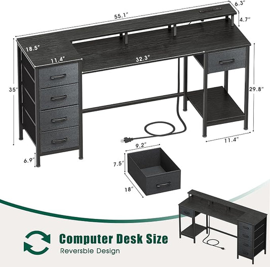 Korfile 55 Inch Computer Gaming Desk with Power Outlets LED Lights Reversible Home Office with Adjustable Fabric Storage Drawers for Working Writing Study, Black
