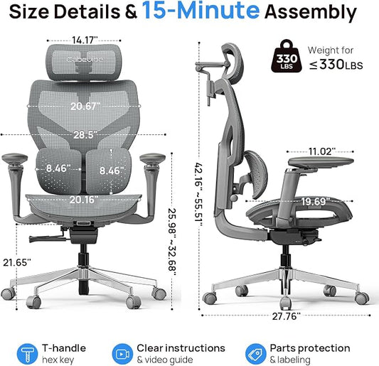 Ergonomic Office Chair with Adaptive Dual-Wing Lumbar Support - Over 10 Hours Sitting Comfortable Mesh Big and Tall Home Desk Chair, 4D Headrest, 630° Armrst, Seat Depth Adjustable