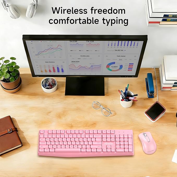 memzuoix Wireless Keyboard and Mouse Combo, 2.4G Full-Size Ergonomic Set with 1400 DPI Mouse, Lag-Free USB Receiver, 6-Month Battery Life for PC/Laptop/Windows/Mac (Pink)