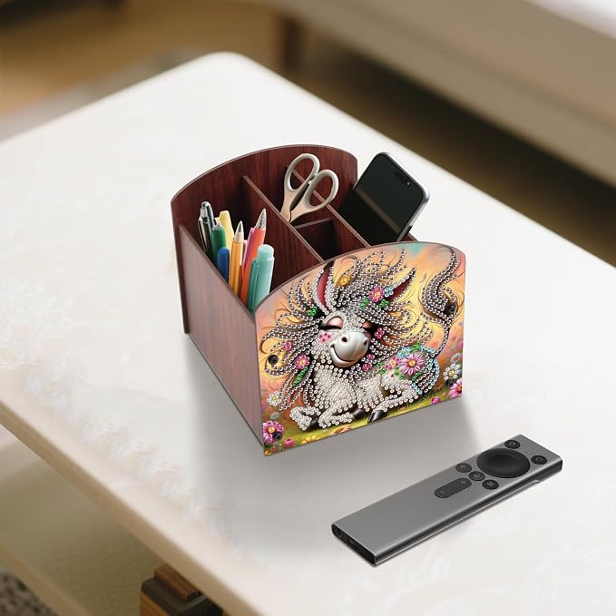 Diamond Painting Wooden Desk Organizer Donkey Design, DIY Diamond Art Storage Box for Home Office Tabletop, Decorative Wooden Craft Organizer for Stationery & Accessories
