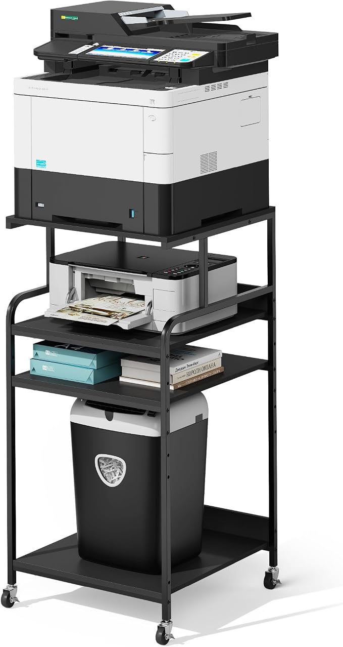 Warmiehomy Extra Tall & Large Printer Stand, 24" x 24"x 46'' Height 4 Tier Metal Printer Table for Home Office, Printer Stand with Adjustable Storage Shelf, Rolling Cart for 3D Laser Printer (Black)