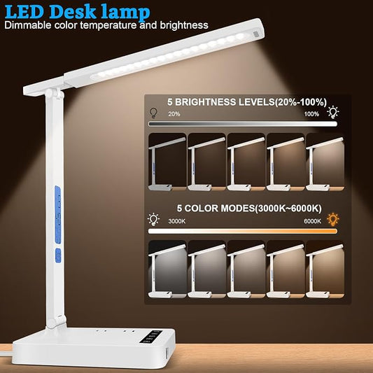 snsok Smart Desk Lamp with Dual USB Charging (Type-C/USB-A) & 2 AC Outlets, Digital Clock, Temperature Display, 5 Color Modes, 5 Brightness, Adjustable - for Office, Bedroom, Dorm Room, Study