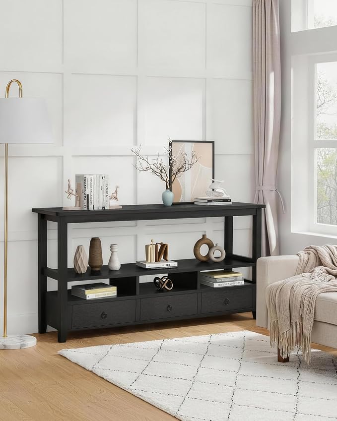 Karl home Console Table with 3 Bottom Drawers, 57.9" W Sofa Side Table Entryway Desk with 3 Storage Cubbies 1 Open Shelf, Vintage TV Stand for Hallway Living Room Office, Black 29.9" H
