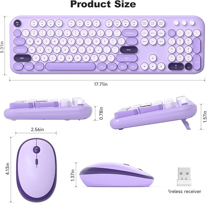 KNOWSQT Wireless Keyboard and Mouse Combo - Lovely Violet 2.4G Full-Sized Colorful Keyboards, Round Keycap USB Dongle Plug Play Cute Keyboards for Windows, Laptop, PC, Desktop, Mac