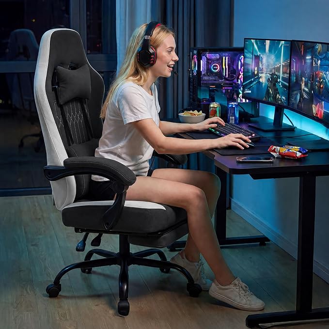 Sweetcrispy Computer Gaming Chair: Ergonomic Desk Chair with Footrest and Lumbar Support, High Back Height Adjustable with Linkage Armrests and Headrest, 360° Swivel Wheels, Black