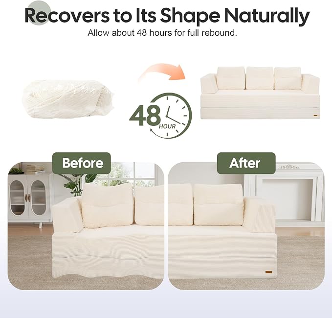 COMAX Futon Sofa Bed Queen, 79" Convertible Sofa Bed Couches for Living Room, 4 in 1 Folding Boneless Sleeper Corduroy Couch Loveseat Foam In a Box, Comfy Foldable Lounge Fold Out Floor Mattress Beige