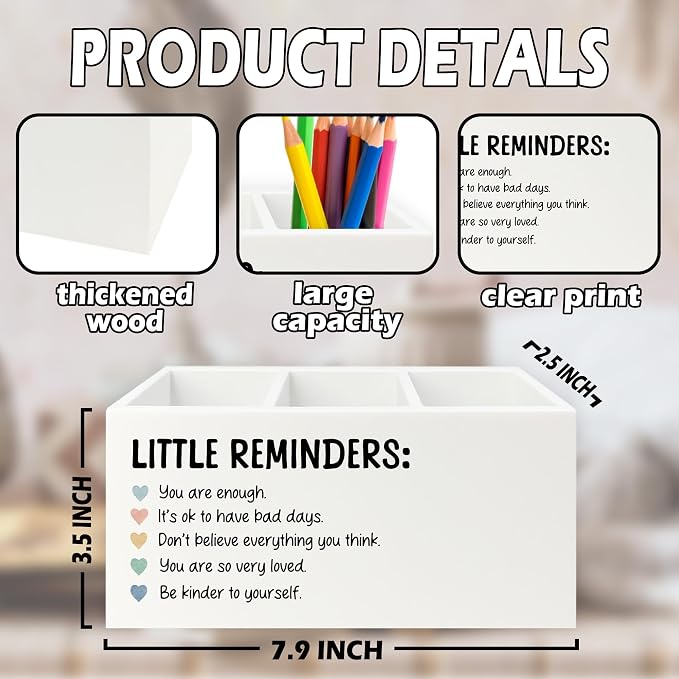 Little Reminders Inspirational Pen Pencil Holder Organizer for Desk, Positive Gifts, Mental Health Motivational Wooden Box Sign for Therapy Counselor Office Classroom Desk Tabletop Decorations