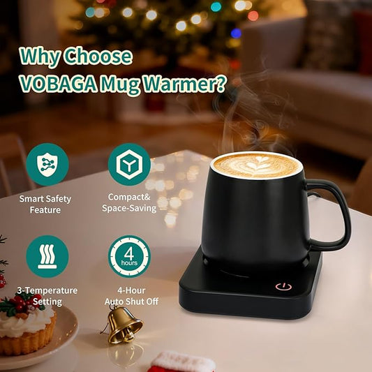 VOBAGA Coffee Mug Warmer for Desk with Auto Shut Off & 3-Temp Settings, Coffee Cup Warmer with Smart Safety Alert Home Office Accessory, Perfect for Coffee, Tea, Milk