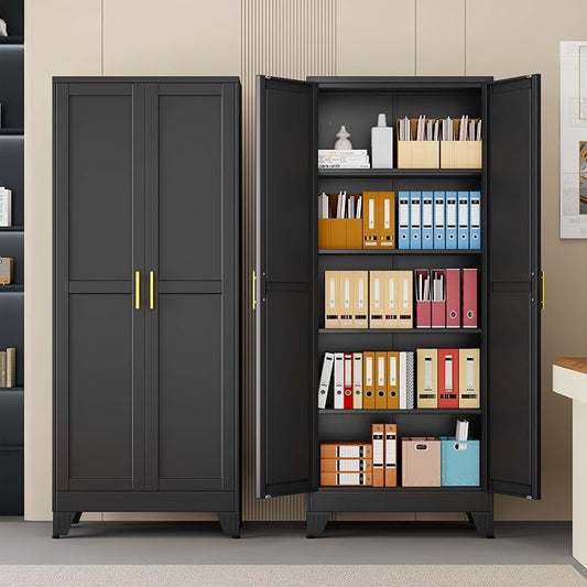 pozdeg 71" Tall Metal Storage Cabinet with 2 Doors & 4 Adjustable Shelves, Steel File Cabinet Multipurpose Organizer for Home Office Garage (Black)