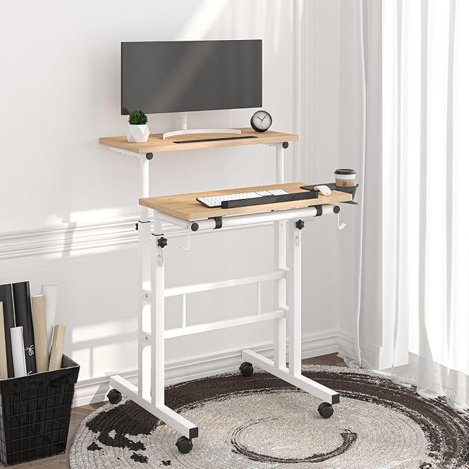 Small Standing Desk with Removable Cup Holder, Height Adjustable Mobile Laptop Stand on Wheels, Ergonomic Rolling Computer Workstation for Home Office, Portable Overbed Table for Couch & Bed, Khaki