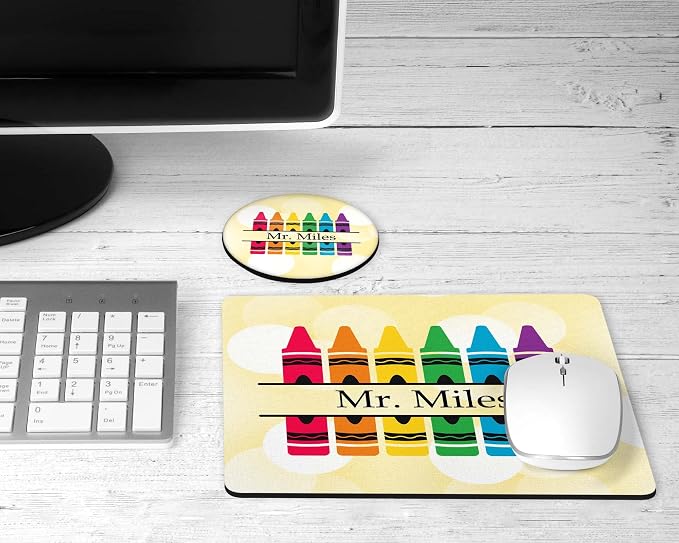 The Painted Pug Personalized Teacher Mousepad and Coaster Desk Set Gift for Teachers Appreciation Back to School Classroom Decor Custom Handmade (Yellow Crayon)