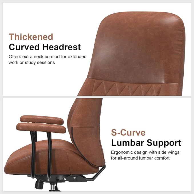 E-Ser Leather Desk Chair, Mid Century Modern Office Chair, Brown | Lumbar Support, Ergonomic, 360° Swivel, Rubber Rolling Wheels, Adjustable Height, for Adults