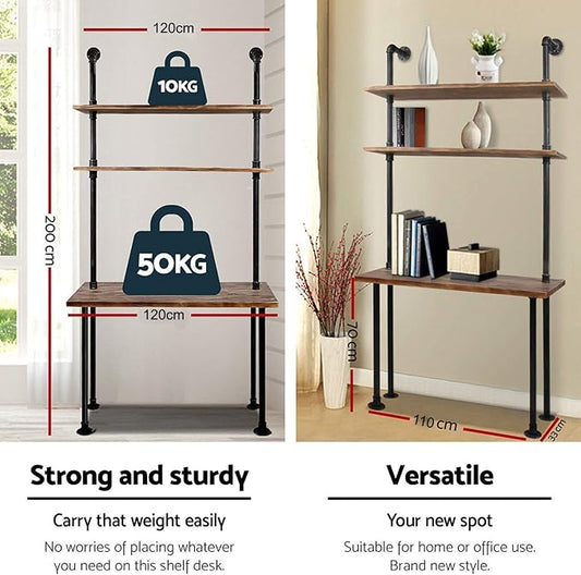 Industrial Style Office Decor,Computer Desk 47.2"×20"×79" with 2-Tier Storage Pipe Shelves,Bookshelf Laptop Desk,Studying Writing Table Workstation with Hutch for Home Ofiice