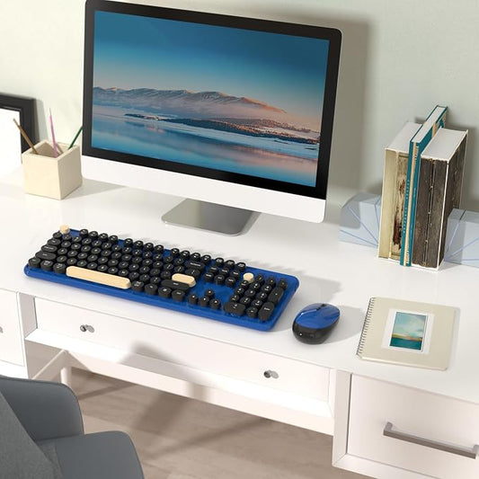 Colorful Wireless Keyboard and Mouse Combo, Retro Typewriter Style Round Keys, 2.4GHz Ergonomic Aesthetic Computer Keyboard with Wrist Rest for Mac, Windows, Laptop, PC(Klein Blue)