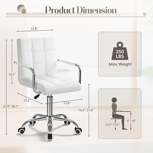 Furmax Vanity Office Chair with Wheels, Makeup PU Leather Executive Chair Modern Adjustable Home Desk Retro Comfortable Work Chair 360 Degree Swivel with Arms (White)