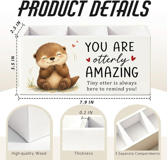 Positive Otter Pen Pencil Holder Desk Accessories Gifts for Women | Cute Otter Inspirational Pen Pencil Wooden Organizer Office Accessories Decorations for Dorm Room Bedroom Tabletop Desk Decor