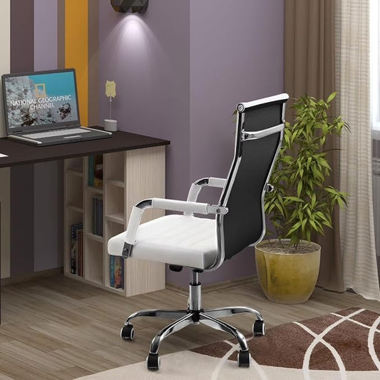 Shahoo Ribbed Office Chair, Mid-Back PU Leather Office Chair Executive Task Chair with 360° Swivel Wheels for Conference Room, Home Offices (White)