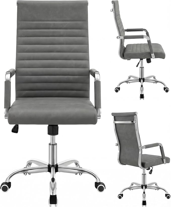 Shahoo Ribbed Office Chair, Mid-Back PU Leather Office Chair Executive Task Chair with 360° Swivel Wheels for Conference Room, Home Offices (Bicolor Vintage Grey)