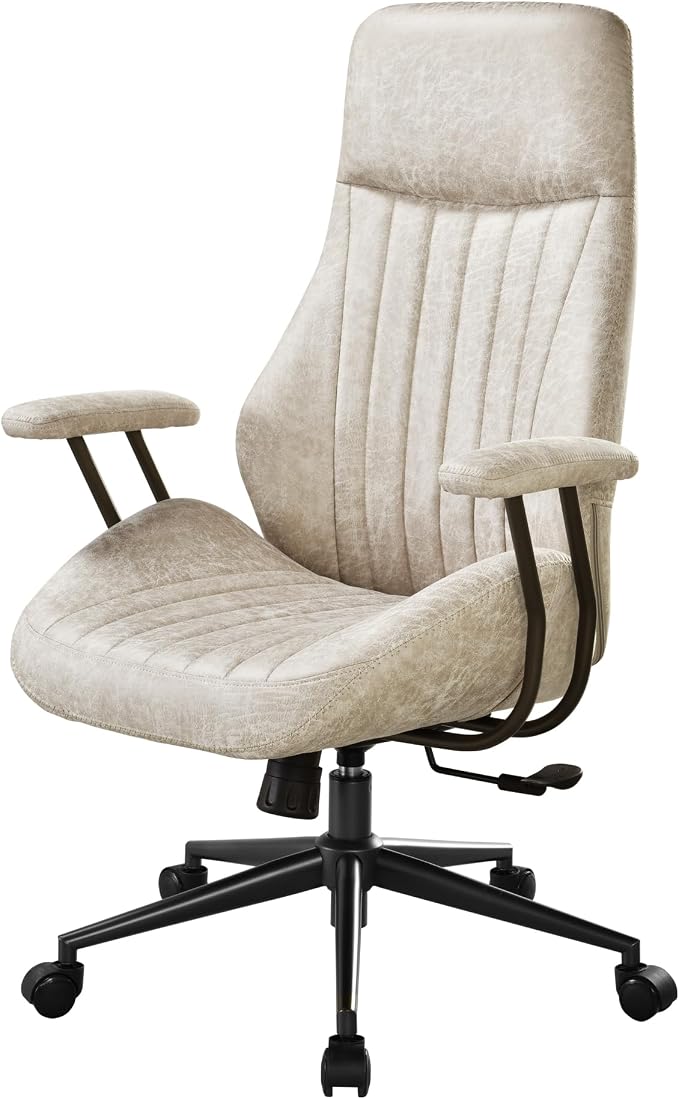 Home Office Chair,Ergonomic Computer Chair with Lumbar Support Adjustable Height,Mid-Century Modern Office Chair with Rolling Swivel Chair for Home Office Game Study(PU Leather High Back Chair,Beige)