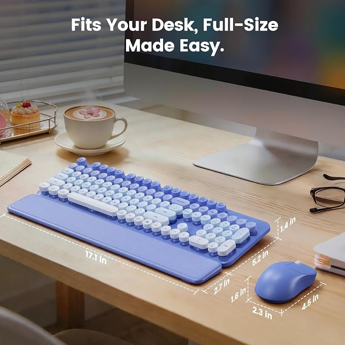 Wireless Keyboard and Mouse Combo, Magnetic Soft-Touch Wrist Rest, Round Keycaps, Full-Size Retro Typewriter Style Keyboard, 2-Stage Tilt Legs, Auto Sleep, 2.4GHz Cordless for Windows PC, Purple Ombre