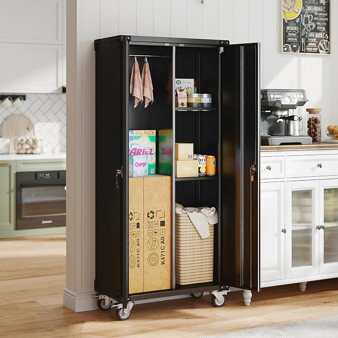 DUMOS 72" Metal Garage Storage Cabinet with Wheels, Tall Rolling Steel Tool Organizer with Adjustable Shelves and Locking Doors, Lockable File Cabinet for Garage, Home, Office, Warehouse, Black