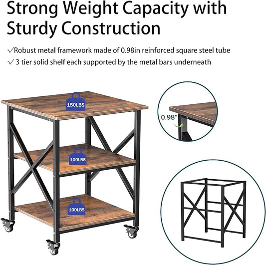 Printer Stand, 23.6 x 23.6 Inches Large Printer Stand with Adjustable Storage Shelf, 3 Tier Printer Table for Home Office, Rolling Printer Cart with Industrial Wheels, Mini Fridge Stand Table, Vintage