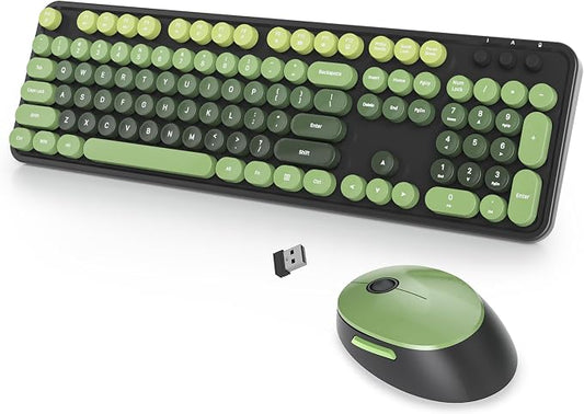 Wireless Keyboard and Mouse Set, Retro Typewriter, 2.4GHz Full Size 104-Key Cute Keyboard with Number Pad, Colorful with Round Keycaps for Windows PC Laptop(Dark Green)