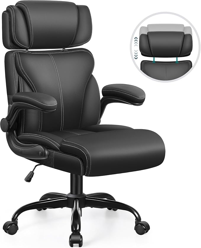 Office Chair, Ergonomic Big and Tall Computer Desk Chair with Retractable Adjustable Headrest, Executive Breathable Leather Chair, Lumbar Support Swivel Flip-up Armrests Rocking Function,Matte Black