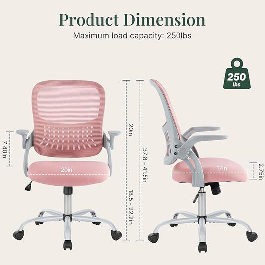 Home Office Desk Chair, Ergonomic Mid-Back Mesh Computer Task Chair with Comfortable Lumbar Support, Height Adjustable Swivel with Flip-up Armrest for Adults, Student, Pink