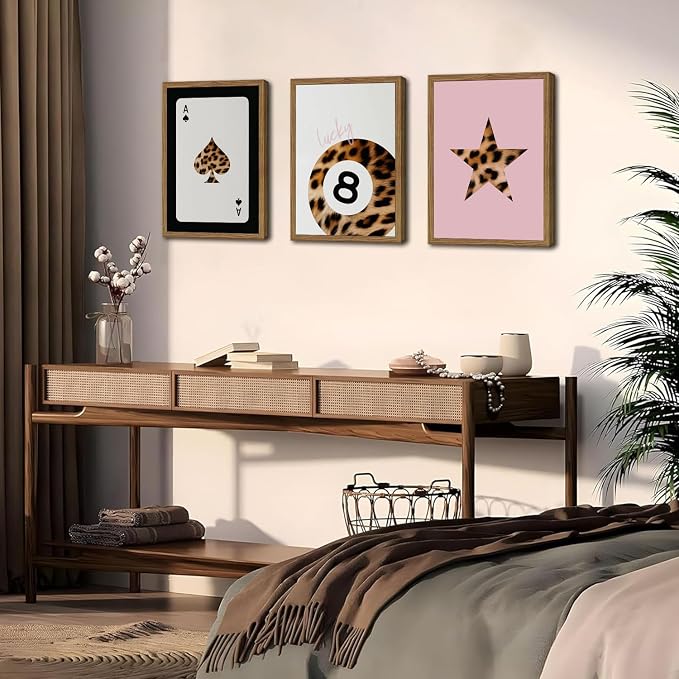 Pink and Black Leopard Wall Art, Lucky Girl 8 Ball Wall Decor Set of 3 Cheetah Lucky Star Poster Canvas Prints, Coquette Modern Teen Pictures for Bedroom Living Room 16x24 inch Framed