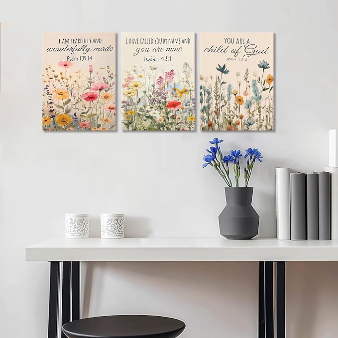3Pcs Christian Floral Scripture Canvas Wall Art, Wildflower Bible Verse Posters Wall Decor, Psalm Religious Faith Art Pictures Prints for Living Room Bedroom Decorations 12x16in Framed