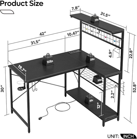 Bestier 42 L Gaming Desk,Computer Desk with Power Outlets, LED Lights, Reversible Corner Desk with 4-Tier Shelves,Cup Holder & Hook Carbon Fiber Black