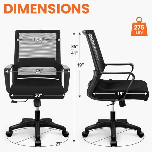 NEO CHAIR Office Desk Chair Gaming Computer Chair Ergonomic Mesh Mid Back with Rolling Wheels Lumbar Support Comfy Swivel Adjustable for Home (Black)